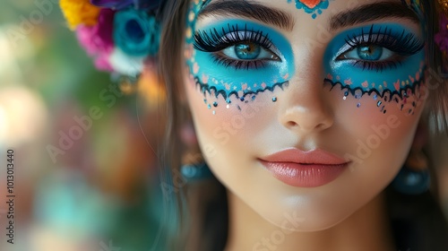 Close-up of a person applying vibrant and detailed Catrina makeup to their face, surrounded by traditional decorations and flowers