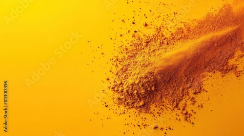 Vibrant orange powder exploding against a bright yellow background, perfect for culinary or artistic applications.