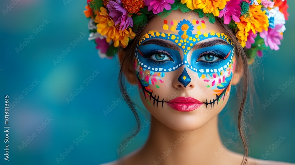Close-up of the intricate details of Catrina makeup being applied to a face, focusing on the vibrant colors and traditional elements in the background Close-up of the intricate details of Catrina makeup being applied to a face, focusing on the vibrant colors and traditional elements in the background