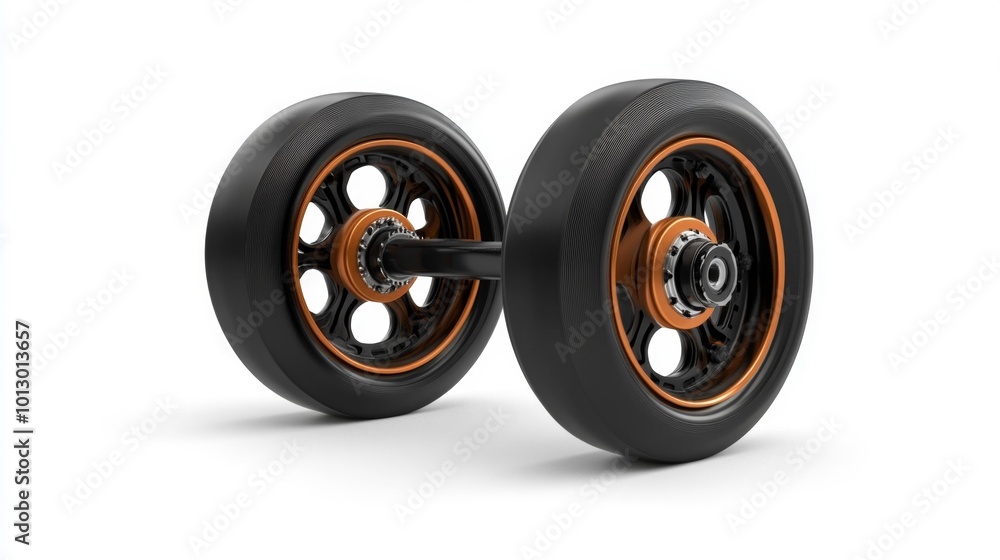 Pair of rollerblade wheels with black and orange design on a white background isolated and highly detailed perfect for sports and fitness equipment stock images high quality. Generative AI Pair of rollerblade wheels with black and orange design on a white background isolated and highly detailed perfect for sports and fitness equipment stock images high quality. Generative AI