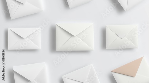 Set of white envelopes with one beige on a white background minimalistic design isolated view. Generative AI