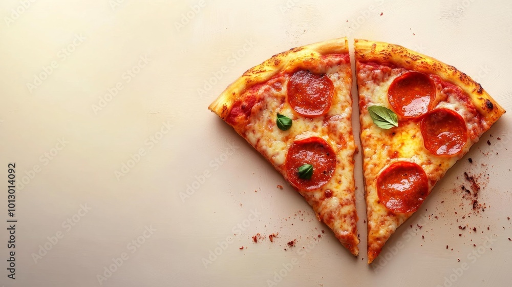 Pepperoni pizza slice with basil leaves on white background close-up realistic food photo. Generative AI Pepperoni pizza slice with basil leaves on white background close-up realistic food photo. Generative AI