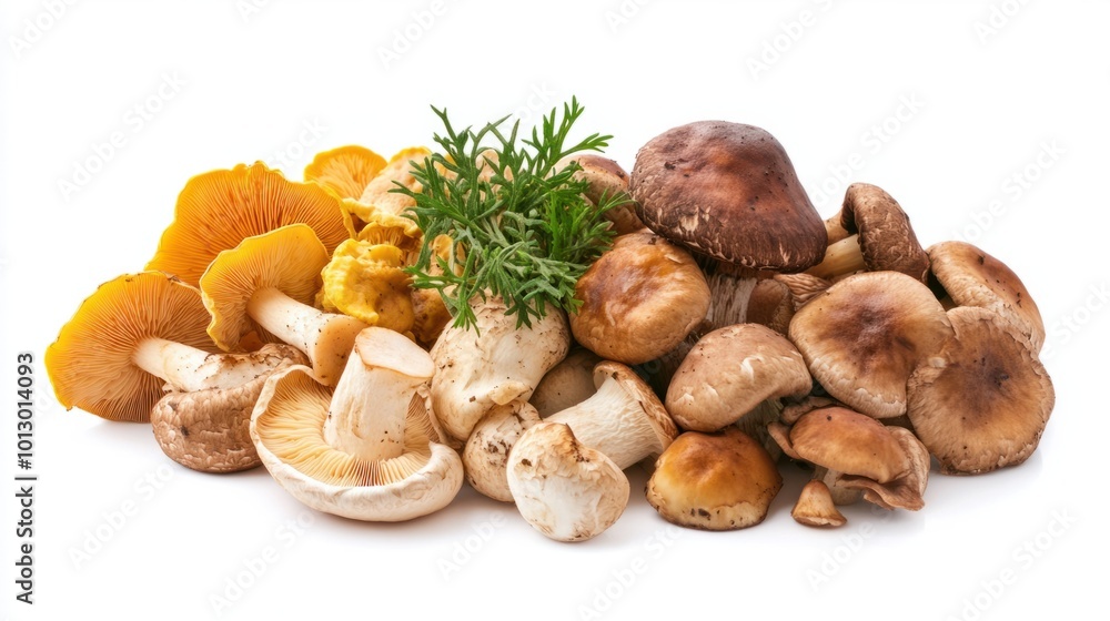 A mix of gourmet mushrooms, including shiitake and chanterelles, isolated on a white background A mix of gourmet mushrooms, including shiitake and chanterelles, isolated on a white background