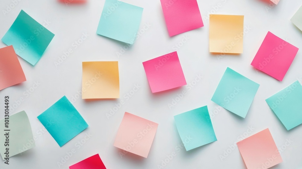 Colorful sticky notes arranged on a white background vibrant and bright pastel-colored square sticky notes ideal for office organization and creative brainstorming sessions. Generative AI Colorful sticky notes arranged on a white background vibrant and bright pastel-colored square sticky notes ideal for office organization and creative brainstorming sessions. Generative AI