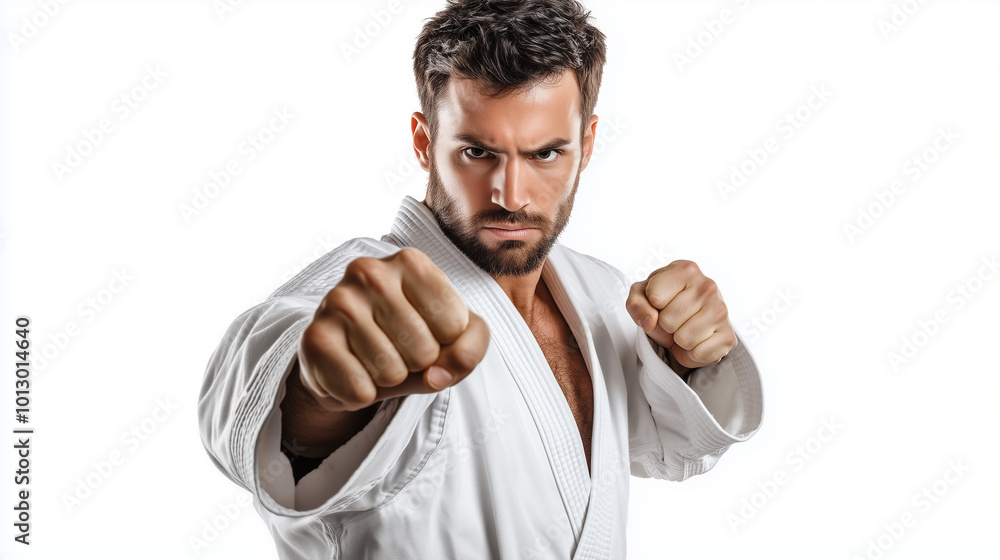 Martial Artist in White Gi Focused on Punch Martial Artist in White Gi Focused on Punch
