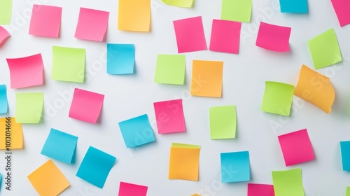 Colorful sticky notes arranged on a white background in a variety of bright colors. Perfect for office school and organizational projects. Generative AI