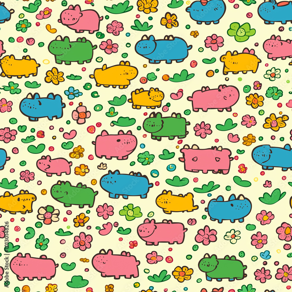Fototapeta premium Playful and colorful seamless pattern featuring adorable cartoon hippos