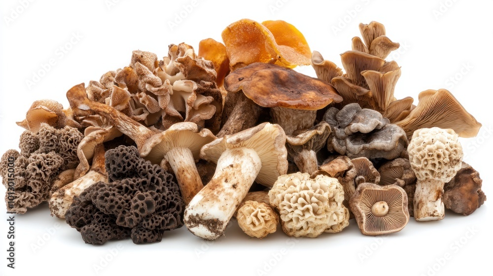 A mix of wild mushrooms, including porcini and morels, arranged on white background A mix of wild mushrooms, including porcini and morels, arranged on white background