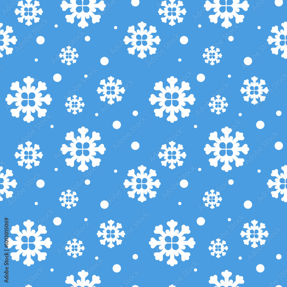 White snowflakes on a cold blue background. Vector seamless New Year holiday background with a repeating pattern. White snowflakes on a cold blue background. Vector seamless New Year holiday background with a repeating pattern.