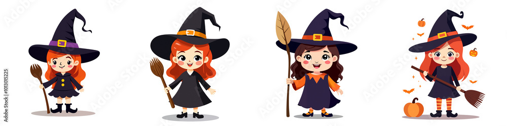 A set of four cute cartoon witches with different poses and accessories. The witches are depicted in a playful and friendly style, making them suitable for a variety of Halloween-themed isolated A set of four cute cartoon witches with different poses and accessories. The witches are depicted in a playful and friendly style, making them suitable for a variety of Halloween-themed isolated