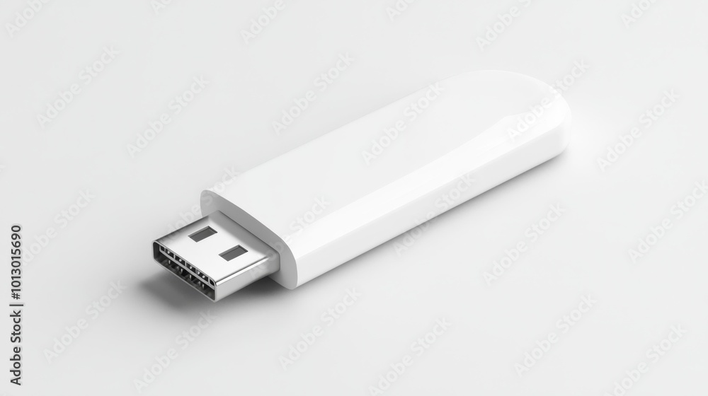 Sleek white USB drive with rounded edges placed on a white background showcasing a clean and minimal design for modern digital storage solutions. Generative AI Sleek white USB drive with rounded edges placed on a white background showcasing a clean and minimal design for modern digital storage solutions. Generative AI