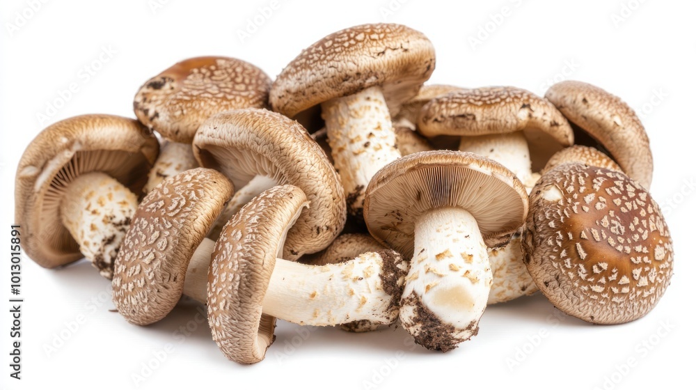 A selection of earthy shiitake mushrooms with thick stems and wide caps, isolated on white A selection of earthy shiitake mushrooms with thick stems and wide caps, isolated on white