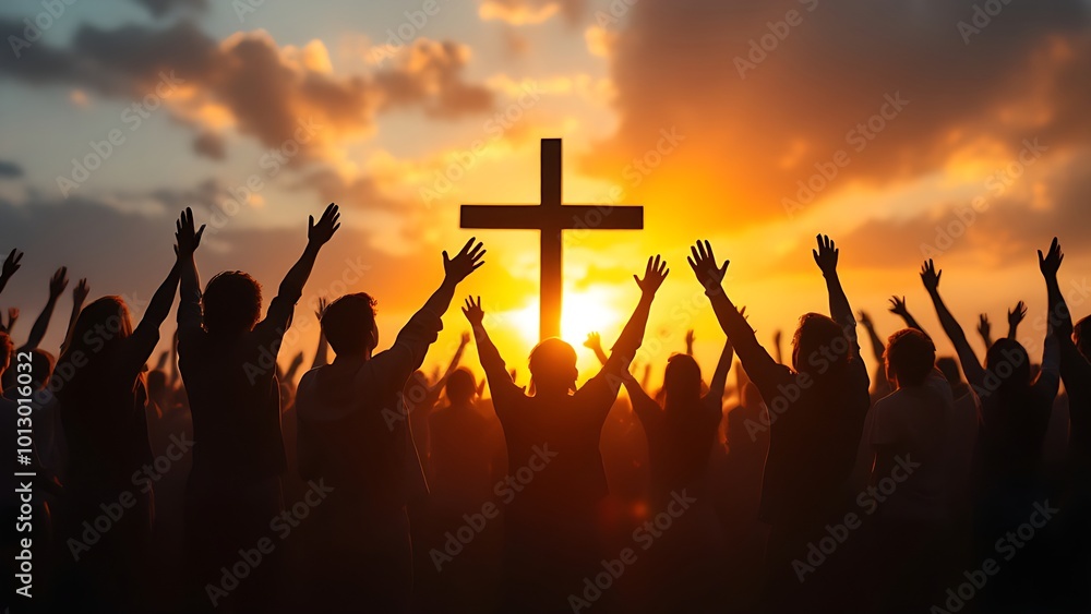 Fototapeta premium A group of people with raised hands in front of a large cross at sunset, symbolizing unity and worship
