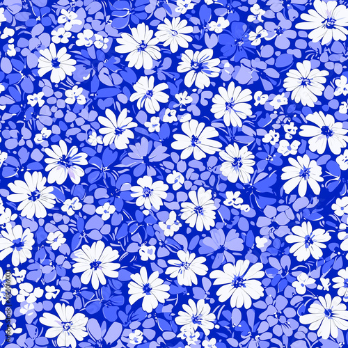 Blue and White Floral Meadow Seamless Pattern