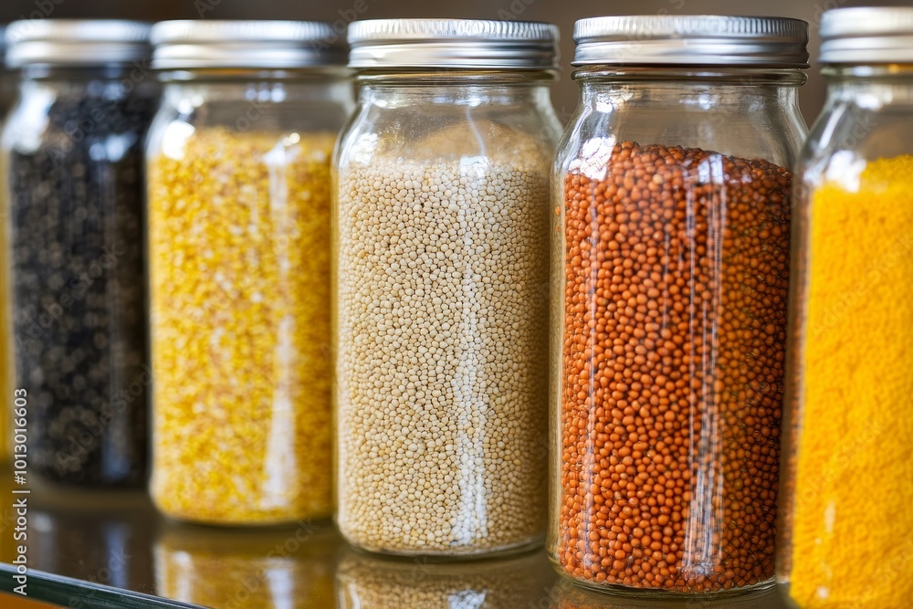 Assortment of Grains and Seeds in Glass Jars Assortment of Grains and Seeds in Glass Jars