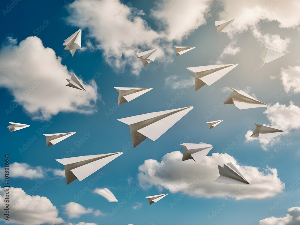 A group of paper airplanes flying through a bright blue sky with fluffy white clouds during a sunny day A group of paper airplanes flying through a bright blue sky with fluffy white clouds during a sunny day