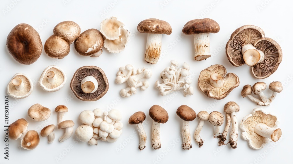 A selection of gourmet mushrooms, including porcini and shiitake, beautifully arranged on white background A selection of gourmet mushrooms, including porcini and shiitake, beautifully arranged on white background