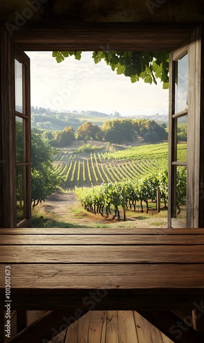 12. A rustic wooden table placed by an open window, showcasing a picturesque vineyard landscape with rows of grapevines stretching into the distance, ideal for product display