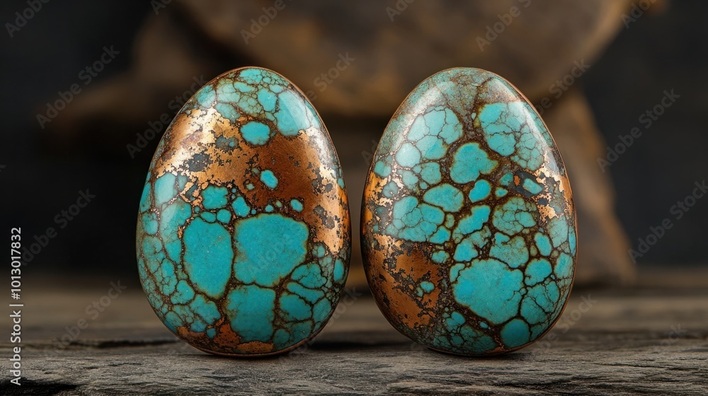 A pair of polished turquoise gemstones, featuring intricate natural veins of copper A pair of polished turquoise gemstones, featuring intricate natural veins of copper