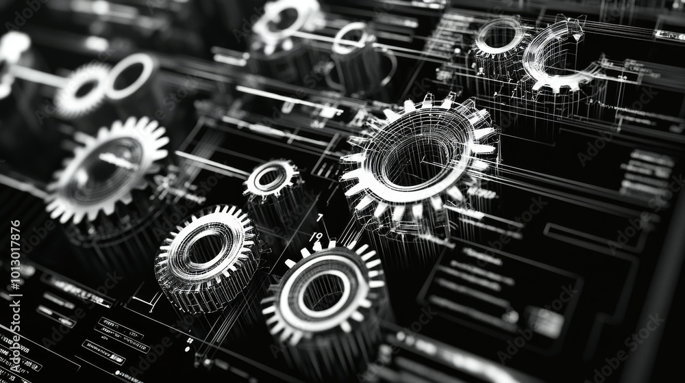 A computer screen shows gears made of simple shapes. This image represents the complex technology used in computers and the engineering behind them.low poly wireframe. A computer screen shows gears made of simple shapes. This image represents the complex technology used in computers and the engineering behind them.low poly wireframe.