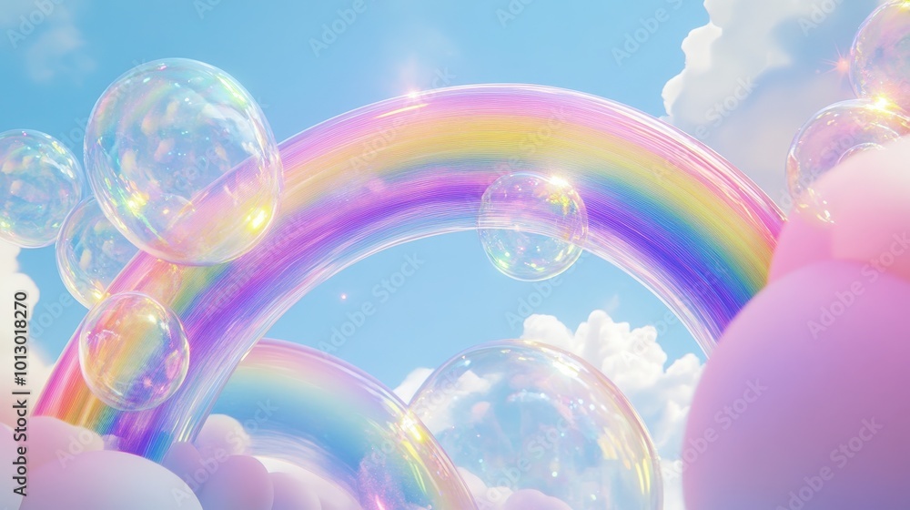 An abstract 3D double rainbow with soft, fluffy clouds and translucent glass-like balloons reflecting rainbow hues An abstract 3D double rainbow with soft, fluffy clouds and translucent glass-like balloons reflecting rainbow hues
