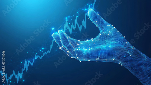 A hand protects a graph on a blue background. This image symbolizes investing and protecting your money in the stock market.low poly wireframe.