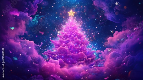Magical christmas tree in cosmic purple clouds with starry night sky