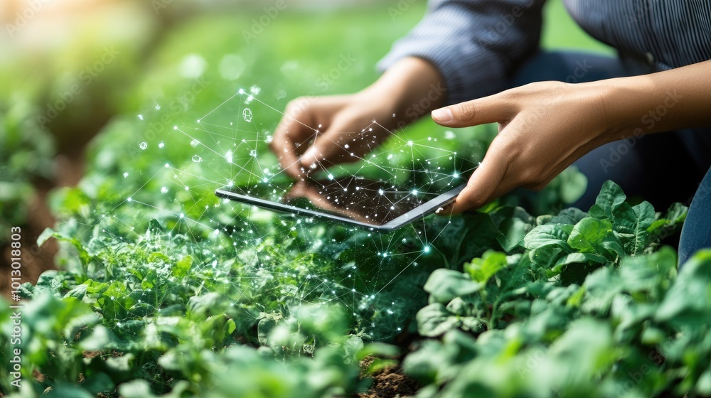 A person uses a tablet in a field. This image can be used to illustrate technology in agriculture, smart farming, or digital farming. A person uses a tablet in a field. This image can be used to illustrate technology in agriculture, smart farming, or digital farming.