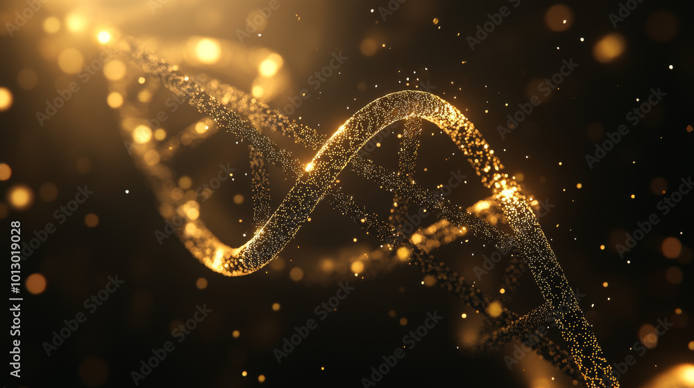 A simple, geometric picture of DNA with a sparkling golden dust effect. The image is made of points and lines, creating a glittering look against a dark background.low poly wireframe. A simple, geometric picture of DNA with a sparkling golden dust effect. The image is made of points and lines, creating a glittering look against a dark background.low poly wireframe.
