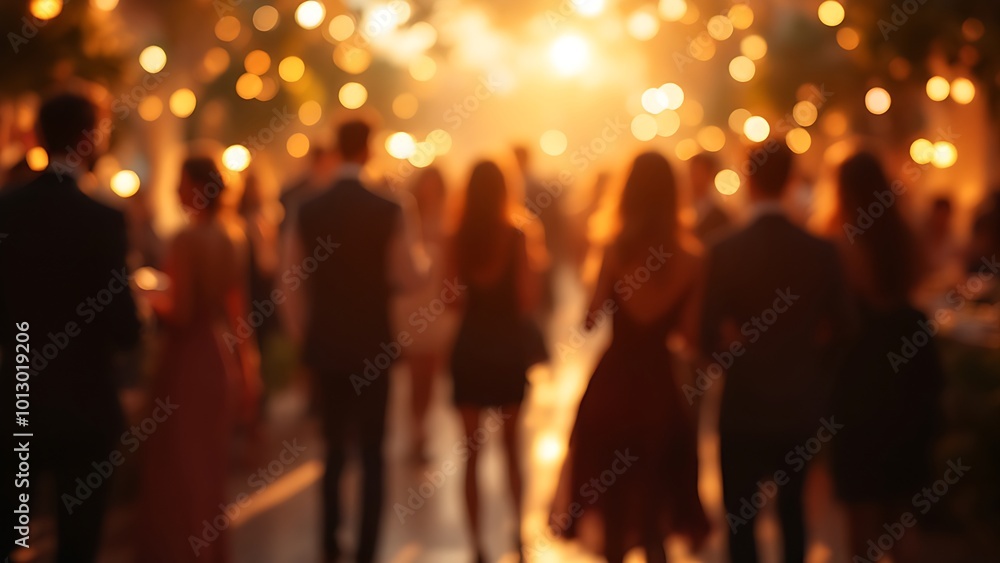 A blurred image of people at a festive event with warm lighting and bokeh effects A blurred image of people at a festive event with warm lighting and bokeh effects