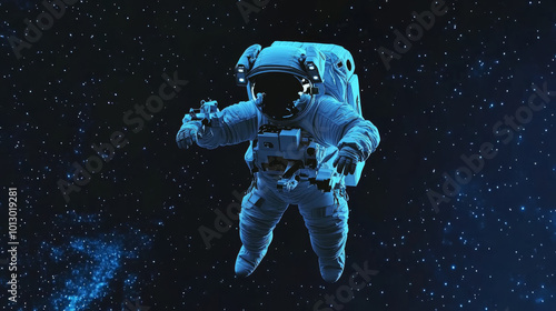 An astronaut made of geometric shapes floats in space. The background is a dark, starry night with a blue, pixelated look. The image suggests a futuristic and technological theme, possibly about UFOs.