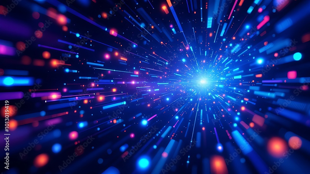 Fototapeta premium Dynamic abstract background with colorful light streaks and particles creating a sense of motion.