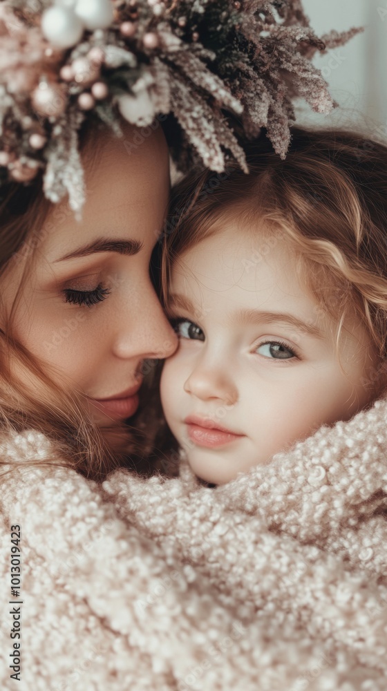Obraz premium A woman and a child wrapped in a blanket