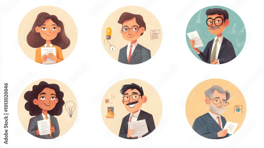 a set of illustrated avatars in circular frames showcasing diverse public relations managers. One manager wears business attire holding a press release a set of illustrated avatars in circular frames showcasing diverse public relations managers. One manager wears business attire holding a press release