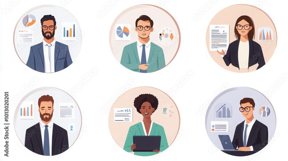 a set of illustrated avatars in circular frames showcasing diverse business development managers. One manager wears a suit holding a market analysis, another has short straight hair a set of illustrated avatars in circular frames showcasing diverse business development managers. One manager wears a suit holding a market analysis, another has short straight hair