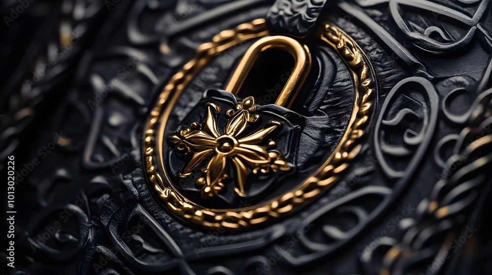 Black and gold secure padlock, symbolizing advanced password security and identification, with intricate detailing representing modern cybersecurity measures Black and gold secure padlock, symbolizing advanced password security and identification, with intricate detailing representing modern cybersecurity measures