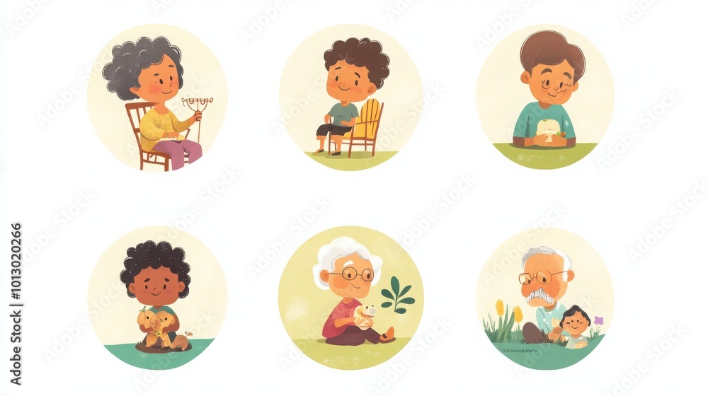 a set of illustrated avatars in circular frames showcasing diverse grandparents. One grandparent sits in a rocking chair knitting, another has short curly hair and a gentle expression a set of illustrated avatars in circular frames showcasing diverse grandparents. One grandparent sits in a rocking chair knitting, another has short curly hair and a gentle expression