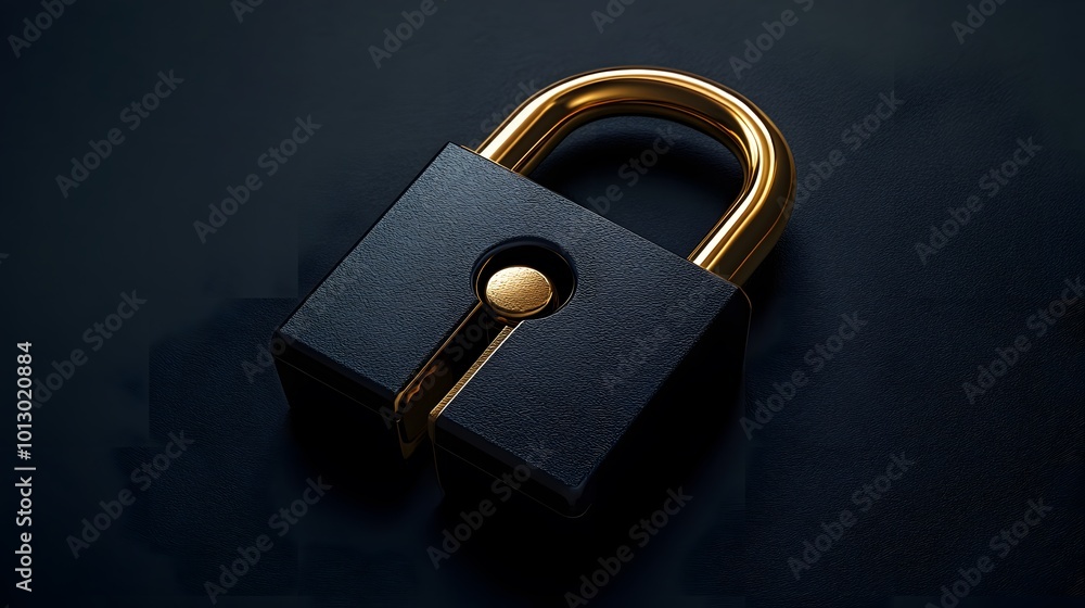Black and gold secure padlock, symbolizing advanced password security and identification, with intricate detailing representing modern cybersecurity measures Black and gold secure padlock, symbolizing advanced password security and identification, with intricate detailing representing modern cybersecurity measures