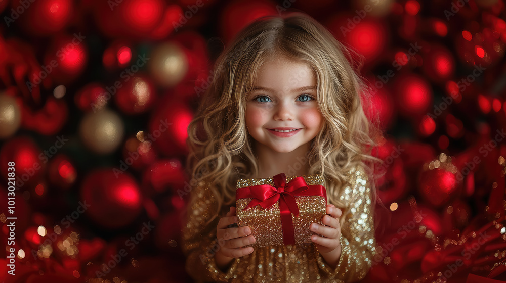 Little smiling blonde girl with curls in festive shiny gold dress holds gift box with bow on red background at Christmas. Child celebrates New Year at children's party. Kid receives present Little smiling blonde girl with curls in festive shiny gold dress holds gift box with bow on red background at Christmas. Child celebrates New Year at children's party. Kid receives present