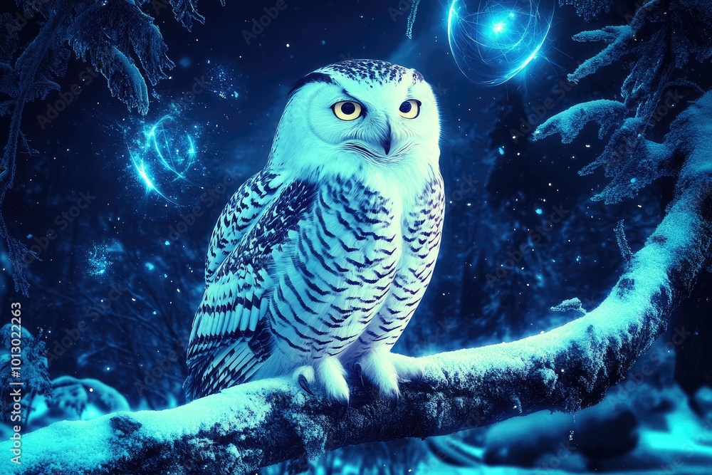 A mystical white owl perched on a frosty branch beneath a starry, magical sky filled with colorful quantum energy particles on a serene winter night A mystical white owl perched on a frosty branch beneath a starry, magical sky filled with colorful quantum energy particles on a serene winter night