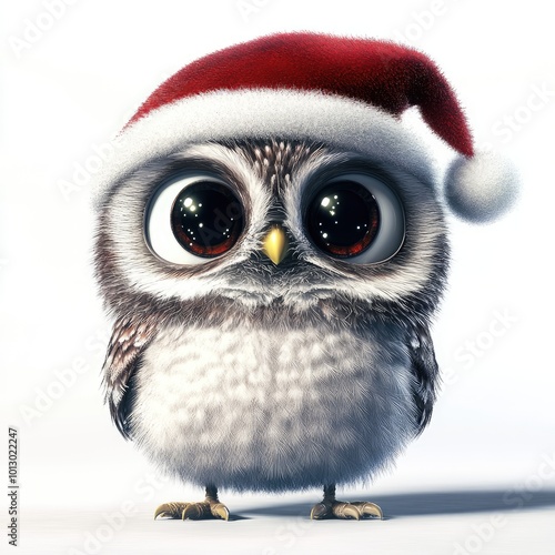 A fluffy Christmas owl wearing a Santa hat with detailed colorful feathers, radiating joy and cheer in a whimsical winter wonderland setting photo