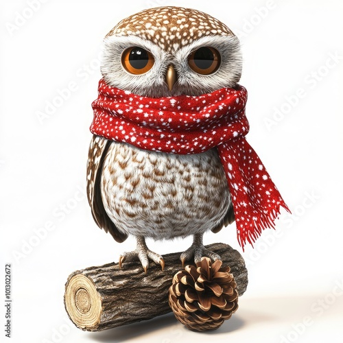 A charming owl in a festive red scarf perched on a textured wooden log with pinecones, radiating warmth and a whimsical spirit against a pure white backdrop photo