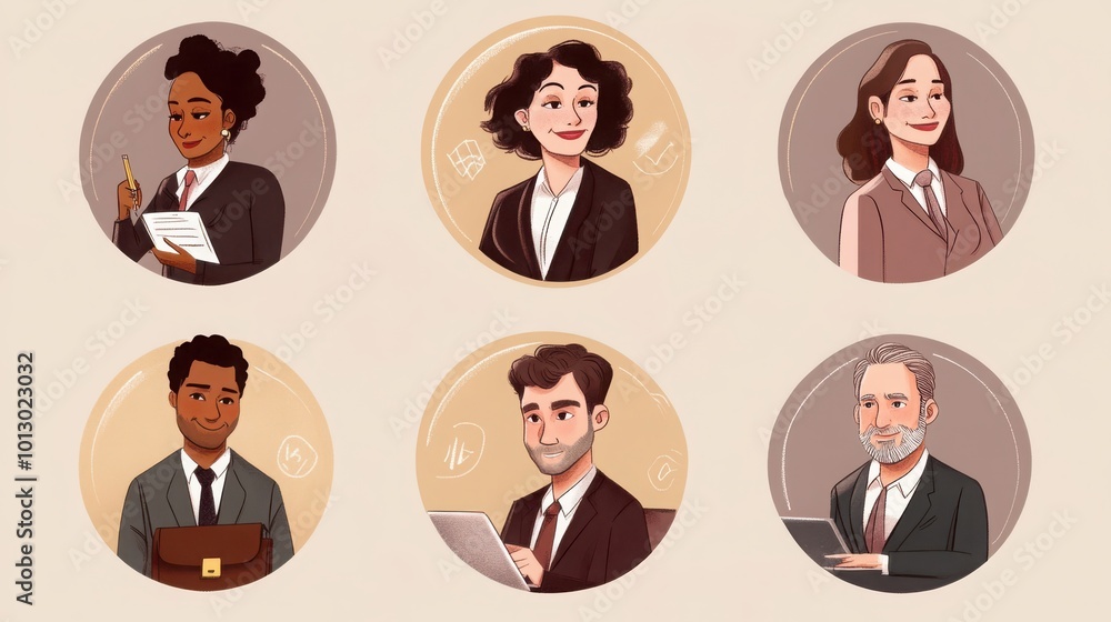 a set of illustrated avatars in circular frames showcasing diverse executives. One executive wears a suit holding a briefcase, another has short curly hair and a confident expression a set of illustrated avatars in circular frames showcasing diverse executives. One executive wears a suit holding a briefcase, another has short curly hair and a confident expression