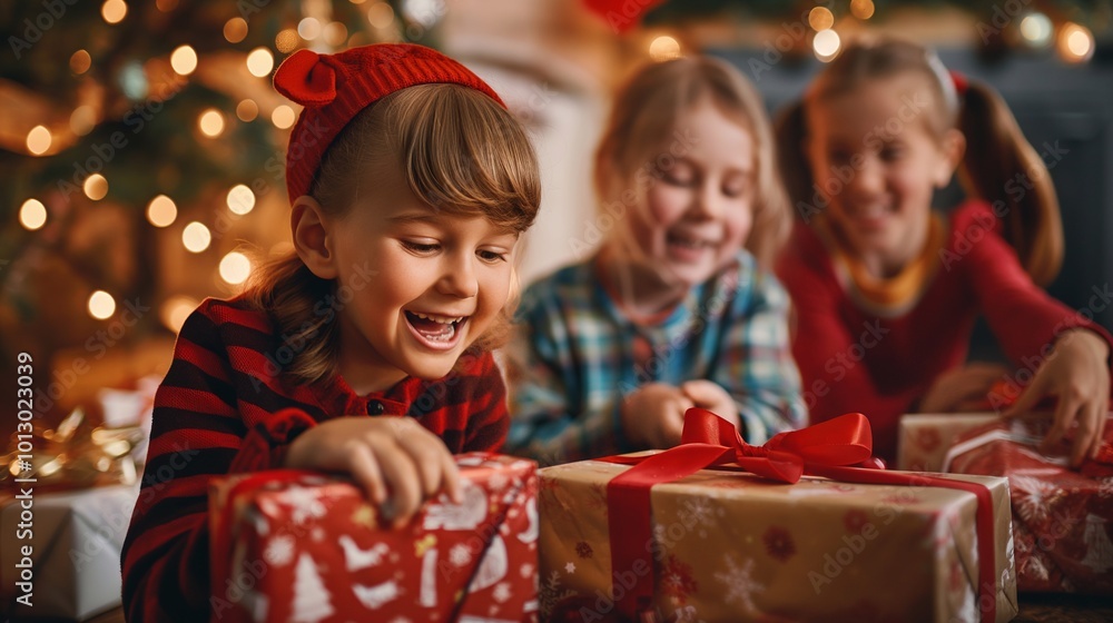 Little girl is smiling and looking at a christmas present with excitement while her family enjoys the holiday together. Happy New Year and Merry Christmas Little girl is smiling and looking at a christmas present with excitement while her family enjoys the holiday together. Happy New Year and Merry Christmas