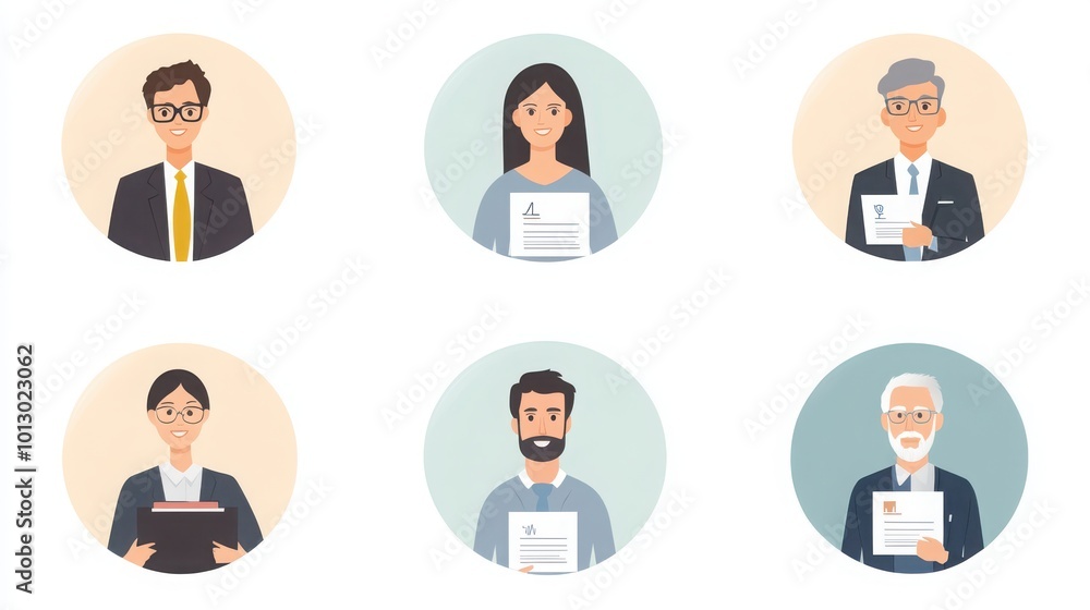 a set of illustrated avatars in circular frames showcasing diverse HR managers. One manager wears business attire holding a folder, another has short straight hair and a warm expression a set of illustrated avatars in circular frames showcasing diverse HR managers. One manager wears business attire holding a folder, another has short straight hair and a warm expression