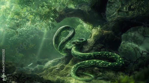 Green snake rests on a mossy tree in a magical forest, basking in filtered light. The scene is enchanting, evoking wonder and tranquility