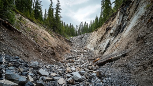 A rockslide on a steep mountainside, with loose rocks scattered down the slope photo