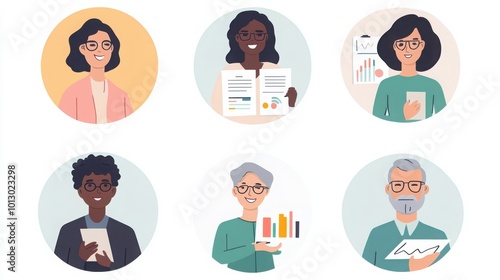 a set of illustrated avatars in circular frames showcasing diverse marketing professionals. One person wears casual business attire holding a marketing report