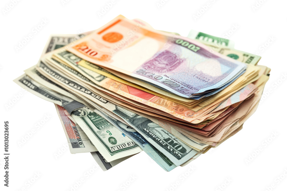 A variety of international currency bills stacked together, representing global finance and commerce. A variety of international currency bills stacked together, representing global finance and commerce.
