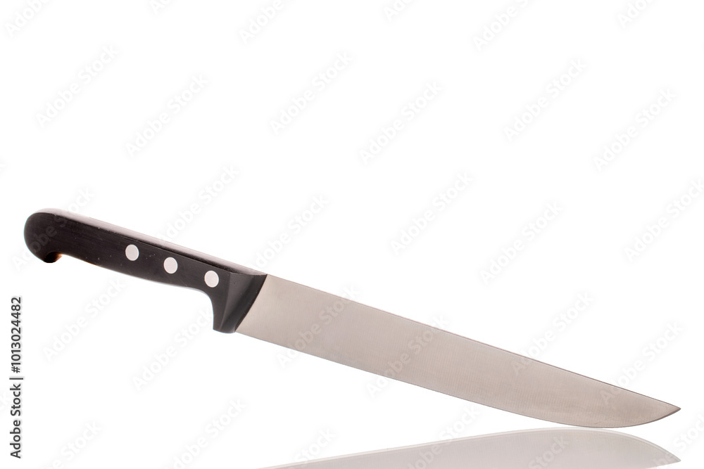 One metal kitchen knife, macro, isolated on white background. One metal kitchen knife, macro, isolated on white background.